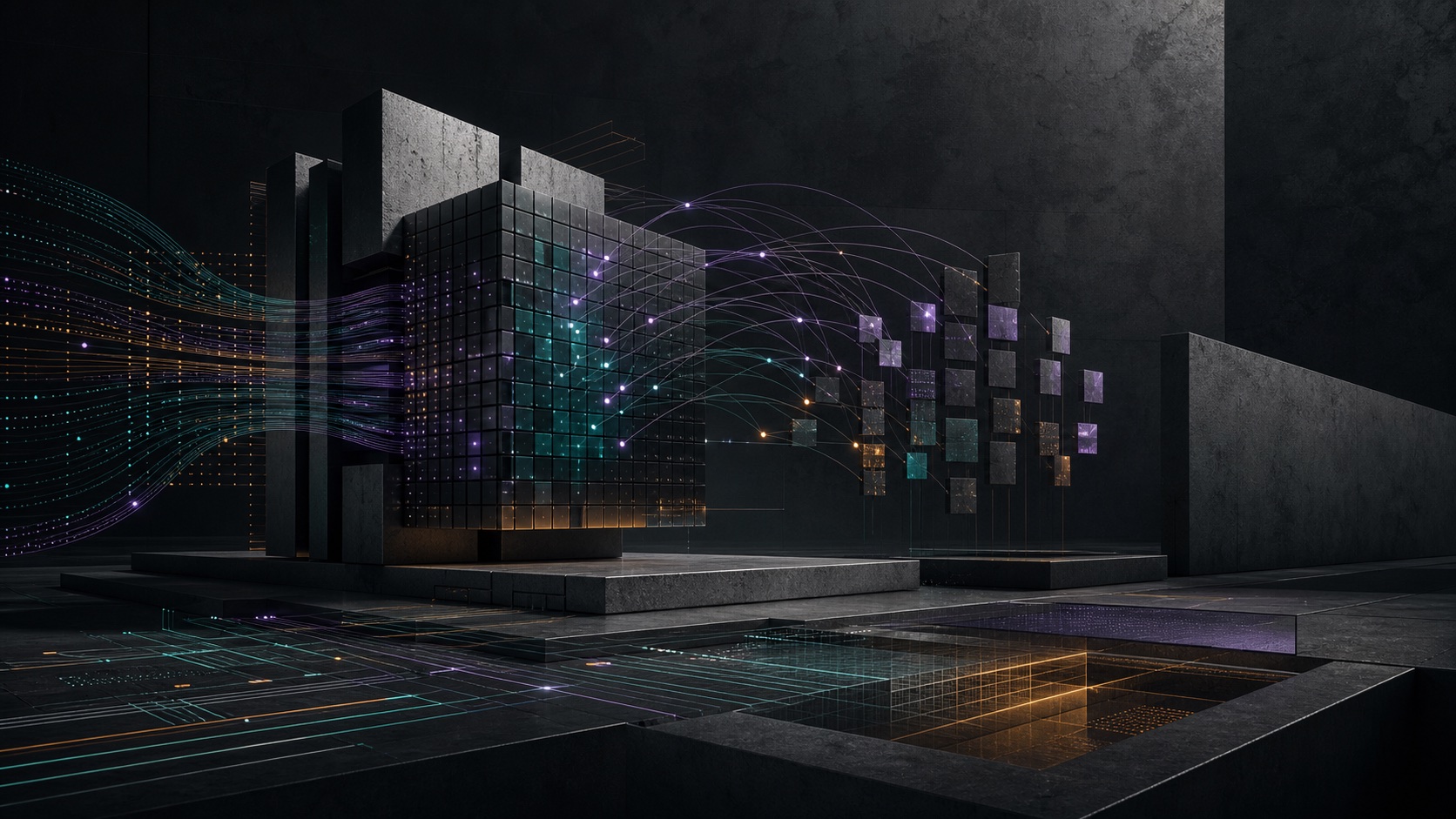 Abstract transformer architecture rendered as concrete slabs, luminous matrix grids, and connected attention paths.