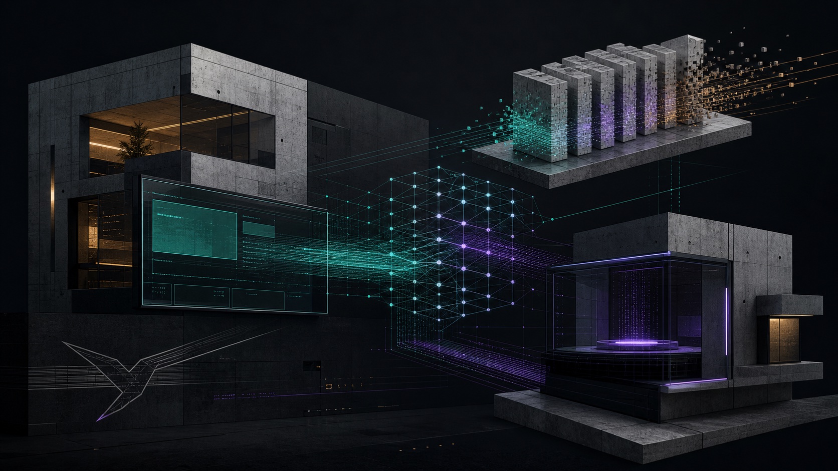 Brutalist website and retrieval architecture connected by luminous vector-search and chatbot signal paths.